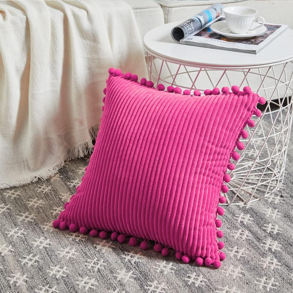 Fancy Homi Juego de fundas de almohada decorativas de pana suave con pompones, fundas de cojín cuadradas sólidas para sofá, dormitorio, automóvil,
