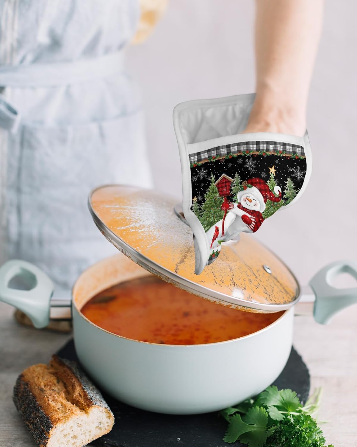 Juego de 5 soportes para ollas de Navidad para cocina, antideslizante y aislamiento térmico, juego de agarraderas de tela de toalla con bolsillo,