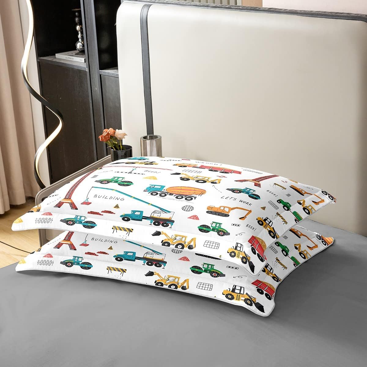 Juego de funda de edredón 100% algodón para excavadora tamaño queen, tractor, maquinaria, camiones, ropa de cama para niños y niños, funda de