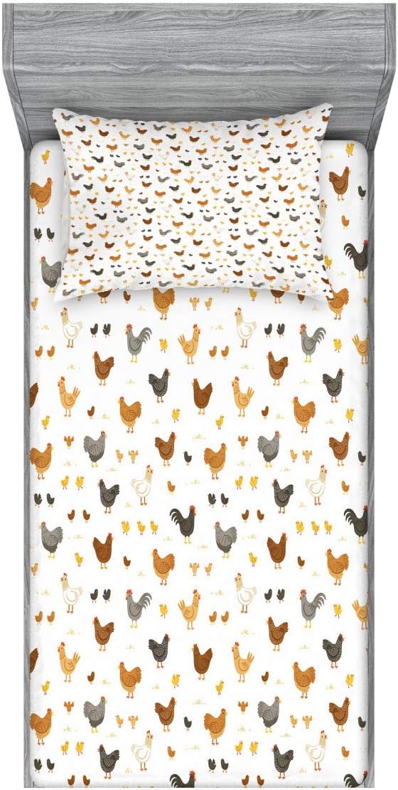 Ambesonne Juego de sábanas bajeras rurales y fundas de almohada, pollos y pollos, plumas, animales, gallo, caricatura, agrícola, juego de ropa de