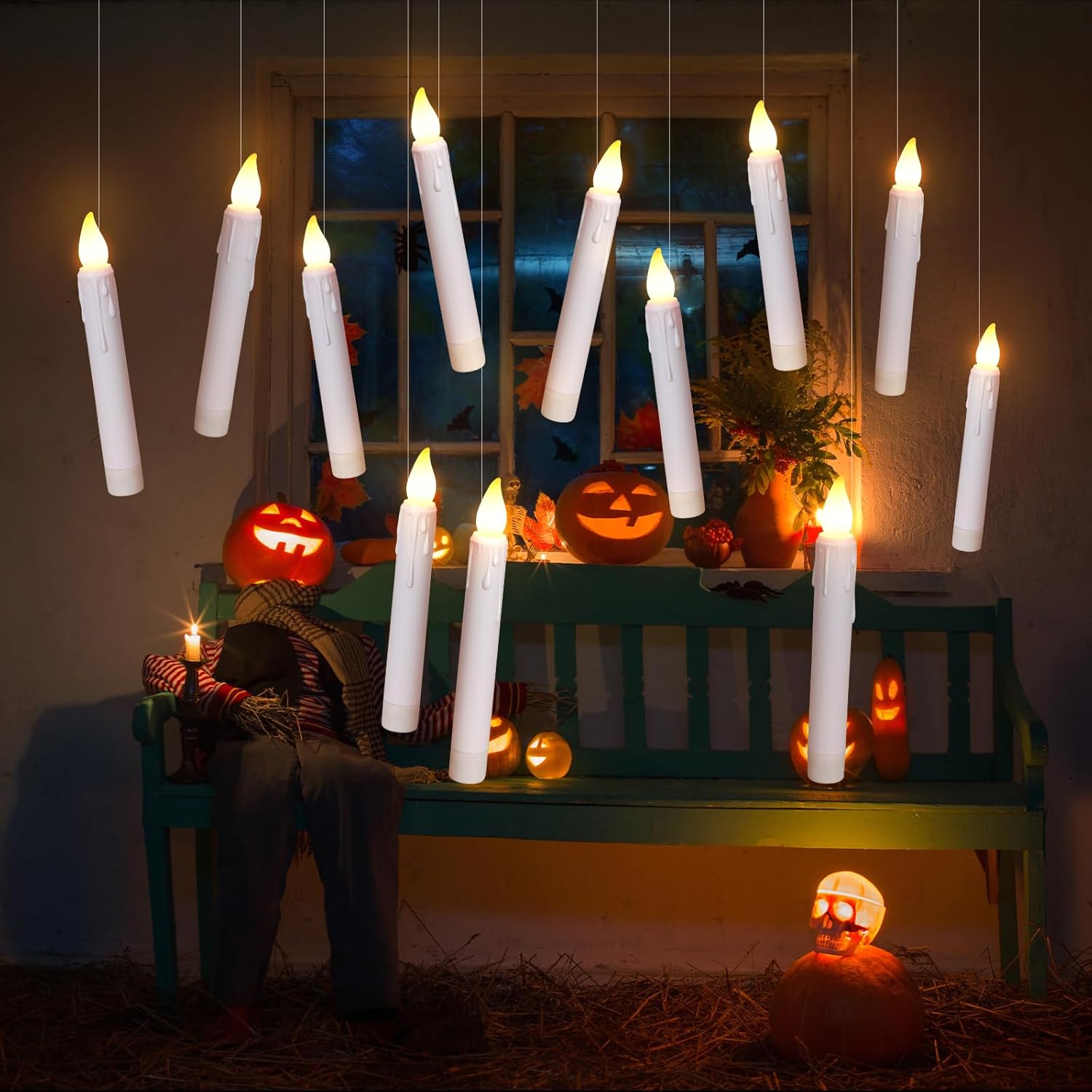 16 velas flotantes con control remoto de varita mágica, velas cónicas sin llama de 6.7 pulgadas, velas LED colgantes de Halloween, velas de ventana