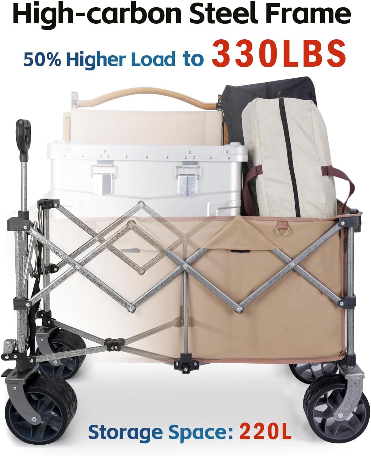 Carro de playa de 220 litros con ruedas grandes, plegable con capacidad de 330 libras, vagones de comestibles utilitarios con frenos, carrito de