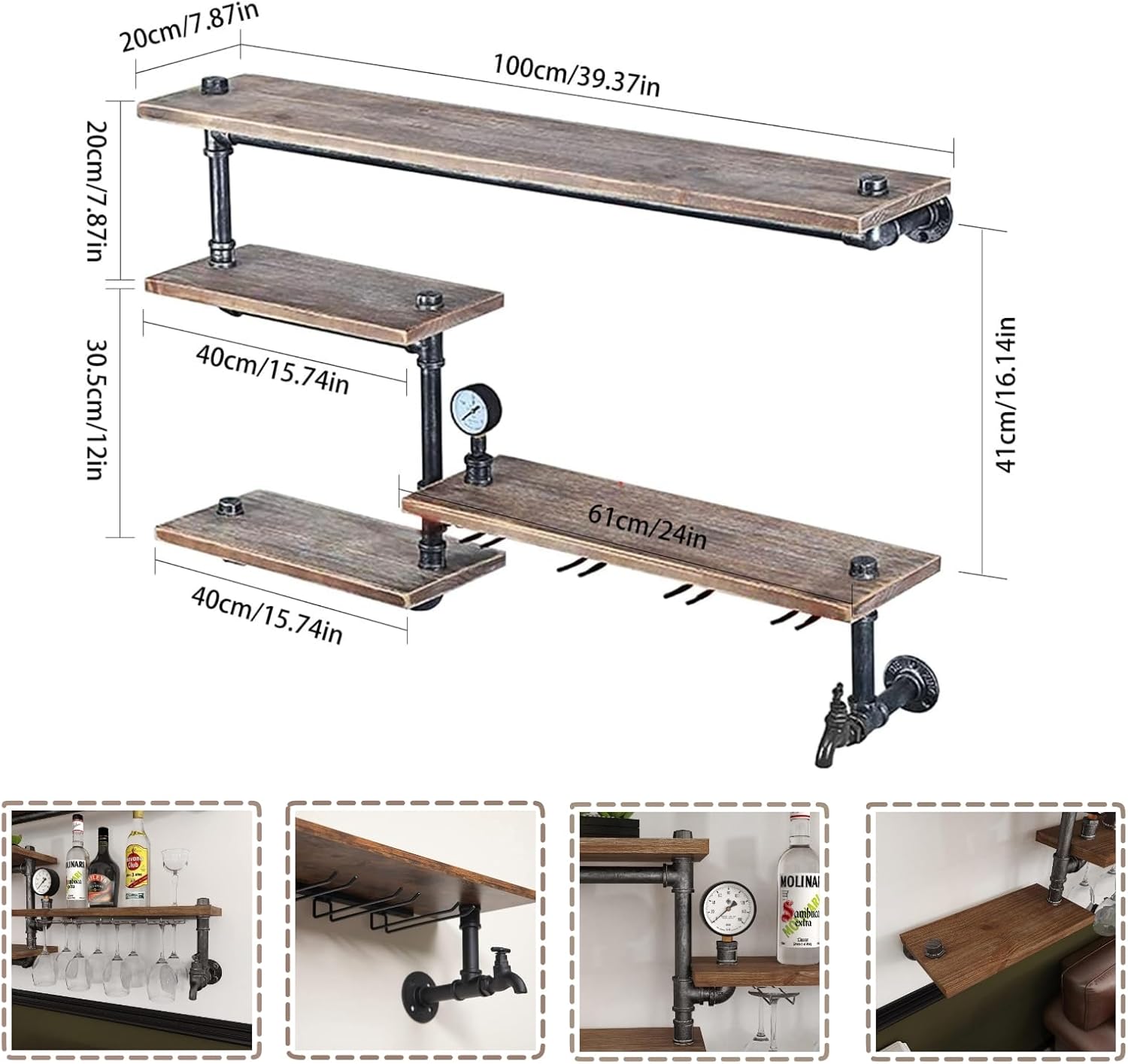 DYRABREST Estante para copas de vino, estante de tubo industrial montado en la pared, soporte para botella de vino, 39.37 pulgadas, estante flotante