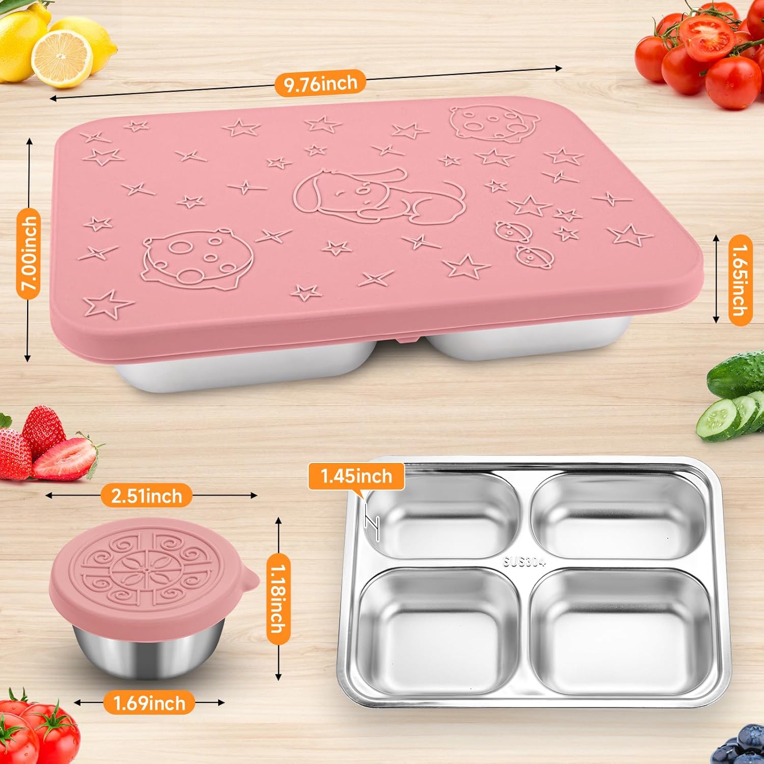 Caja Bento de acero inoxidable con 2 tazas de salsa, 4 compartimentos de alta calidad, lonchera de metal para niños o adultos (rosa)