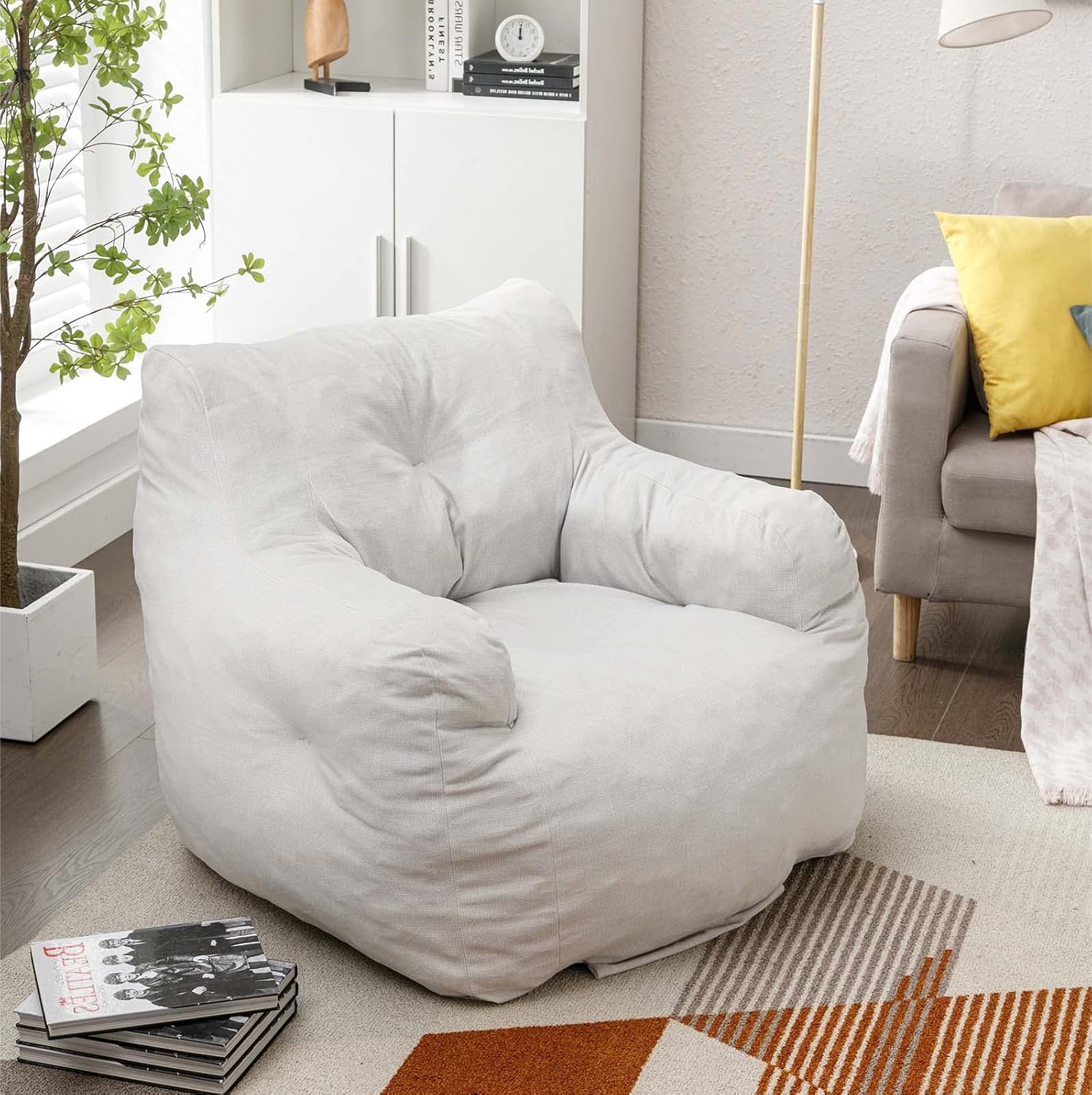 Puf, sillón de tela de terciopelo ultra suave para adultos y niños, cómodo sofá de ocio para dormitorio, sala de estar, apartamento, marfil