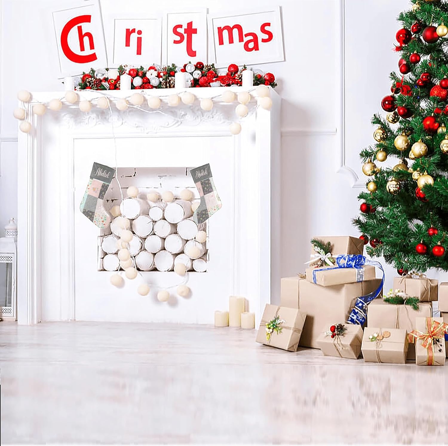 SunFancy Calcetines de Navidad personalizados, diseño de elefante, flores y zorros, calcetines de Navidad personalizados para niños y niñas,
