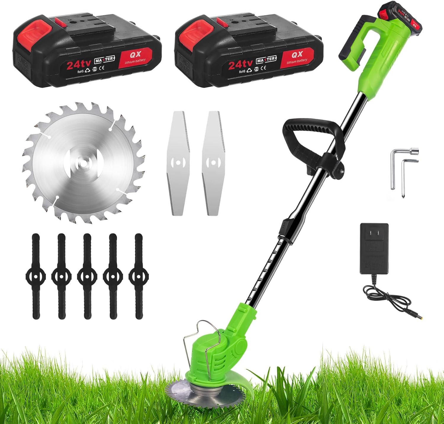 Desbrozadora inalámbrica a batería con 2 baterías y 8 cuchillas, 51 pulgadas y 24 V Weedeaters funciona con pilas, para césped, jardín, patio,