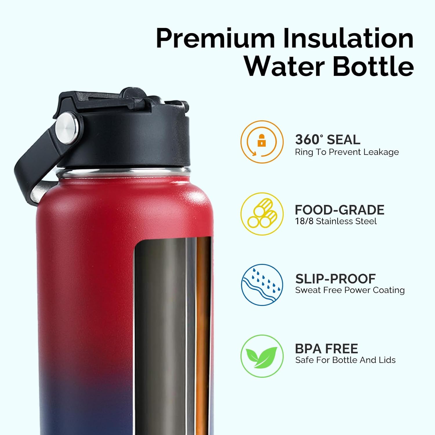 Botella de agua aislada de acero inoxidable, 32 onzas, doble pared aislada al vacío, botella de agua a prueba de fugas con popote de silicona, tapa
