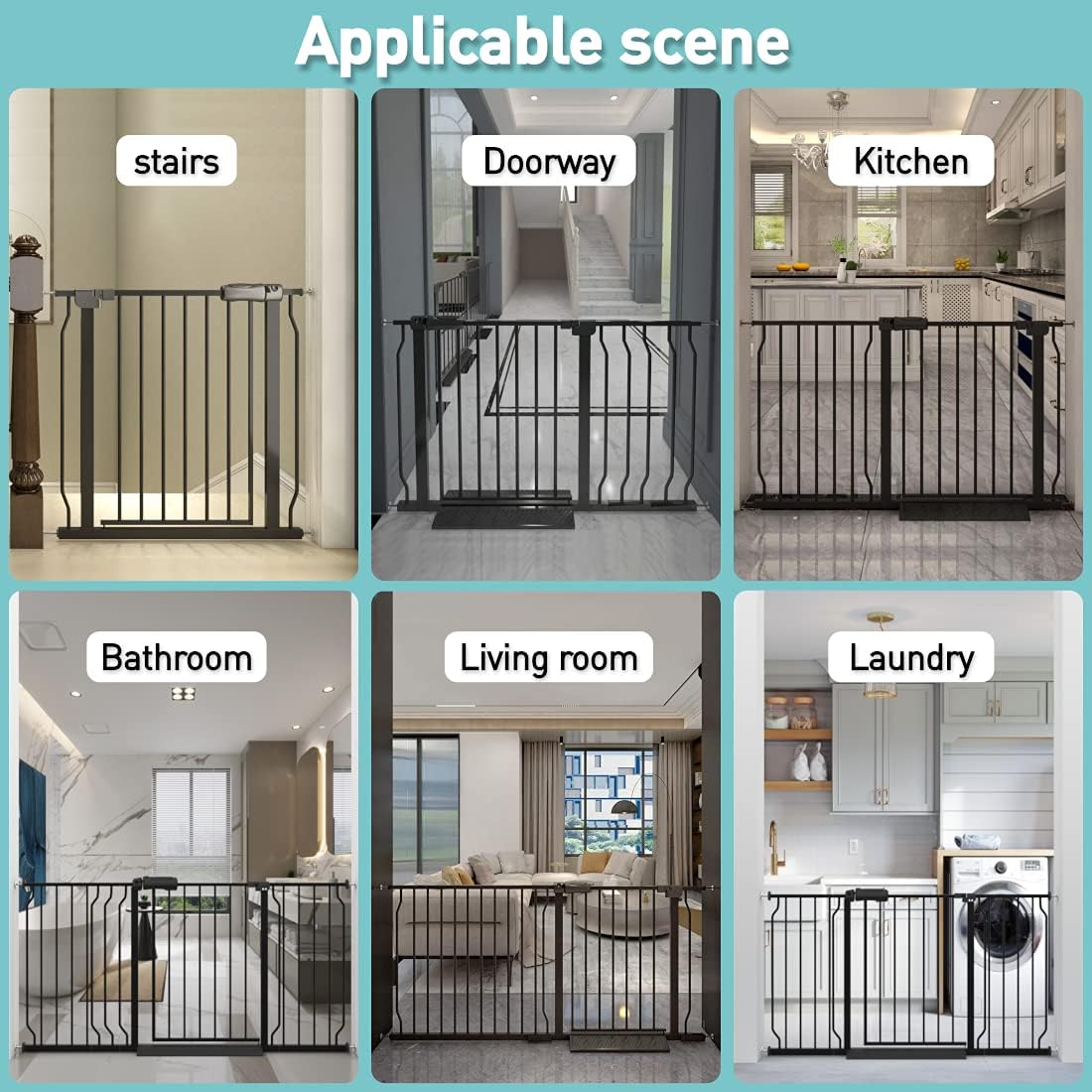 WAOWAO Baby Gate Extra Wide montado a presión a través de Swing Auto Close Seguridad Negro Metal Niño Niño Niño Perro Perro Perro Cachorro Gato para