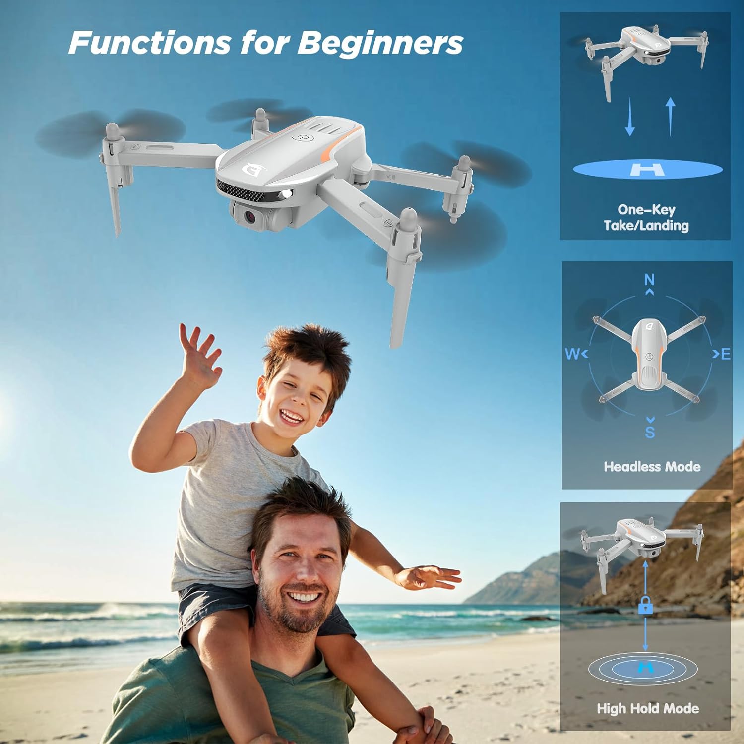 Ficinto Drone cuadricóptero plegable FPV 1080P con cámara, para adultos, niños, principiantes, giros 3D, retención de altitud, modo sin cabeza, 2