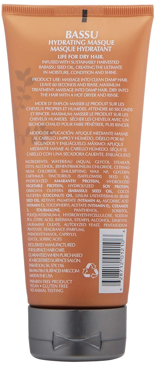 Mascarilla hidratante Surface Hair Bassu, acondicionada mientras añade humedad y brillo, sin parabenos y vegana con aceite de babasú