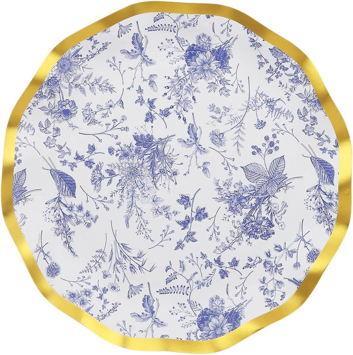 Efavormart – Paquete de 25 platos de postre de papel chinoiserie blanco y azul de 8 pulgadas con borde ondulado dorado, platos desechables redondos