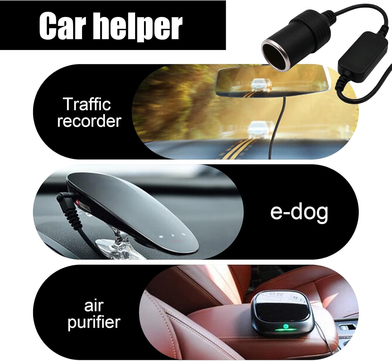 Adaptador USB para encendedor de cigarrillos de automóvil, 11.4 pies, de plástico, impermeable, de 5 V a 12 V, conexión de grabadora de conducción