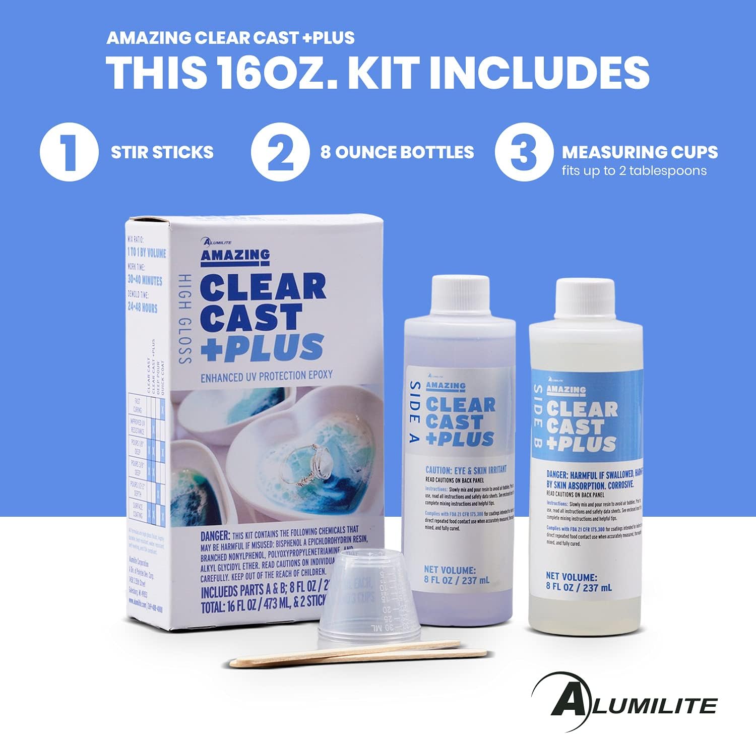 Alumilite Amazing Clear Cast Plus 8 oz A + 8 oz B (16 onzas) Kit de 2 partes Revestimiento de plástico resistente a los rayos UV y resina epoxi para