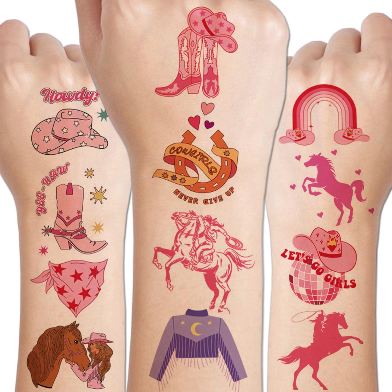 CHARLENT Tatuajes temporales de vaquera para niños, suministros de fiesta, tatuajes temporales de vaquera occidental para niñas, regalos de fiesta