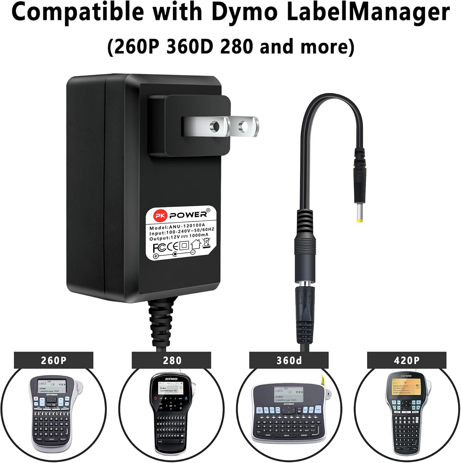 PKPOWER Adaptador de CA compatible con Dymo LabelManager 260P 360D 280 1815990, fuente de alimentación para Label Manager LM-280 1754490 420P