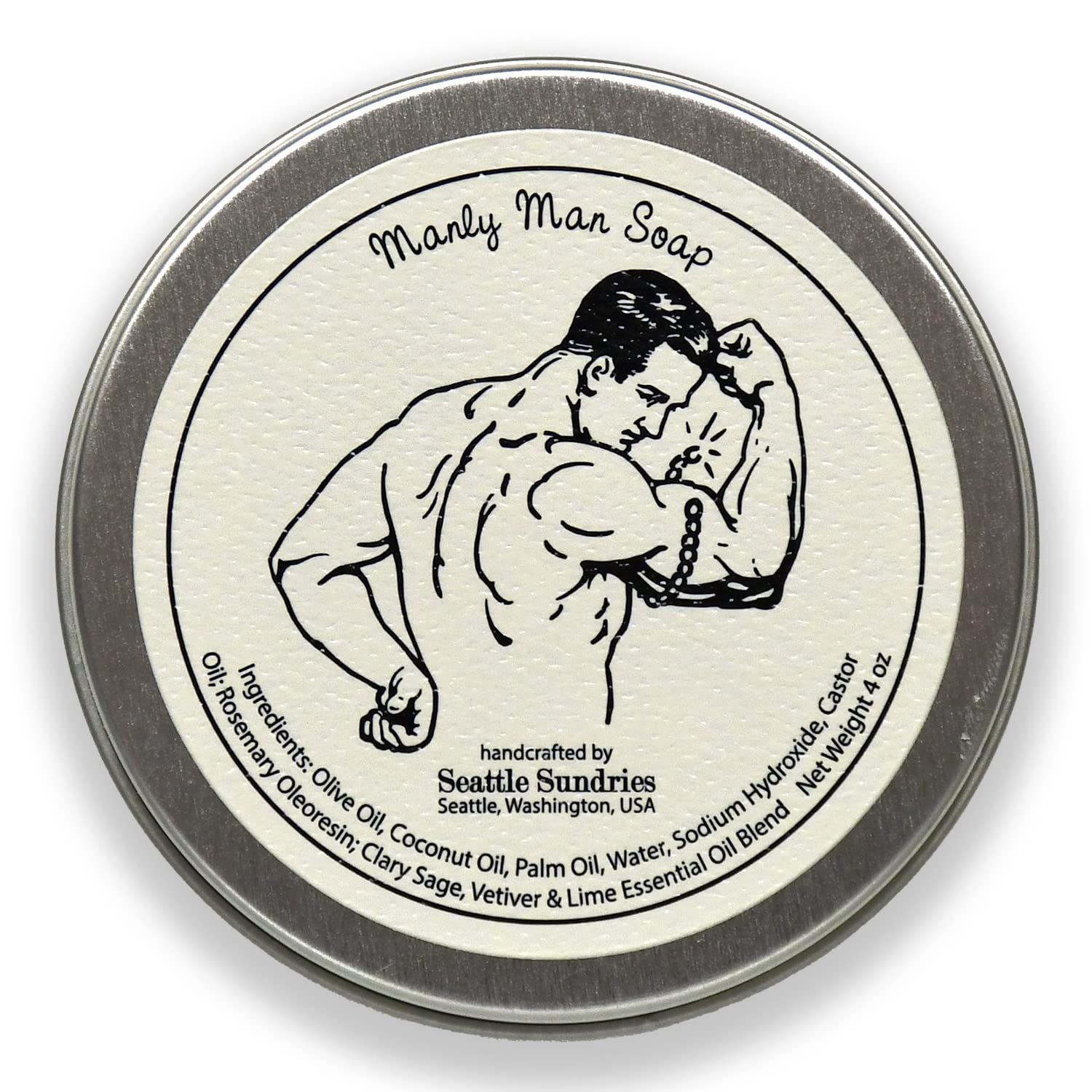 Barra de jabón Manly Manly Man, 1 jabón natural hecho a mano para hombre en una lata de regalo de bajo desperdicio, aroma masculino clásico, regalo
