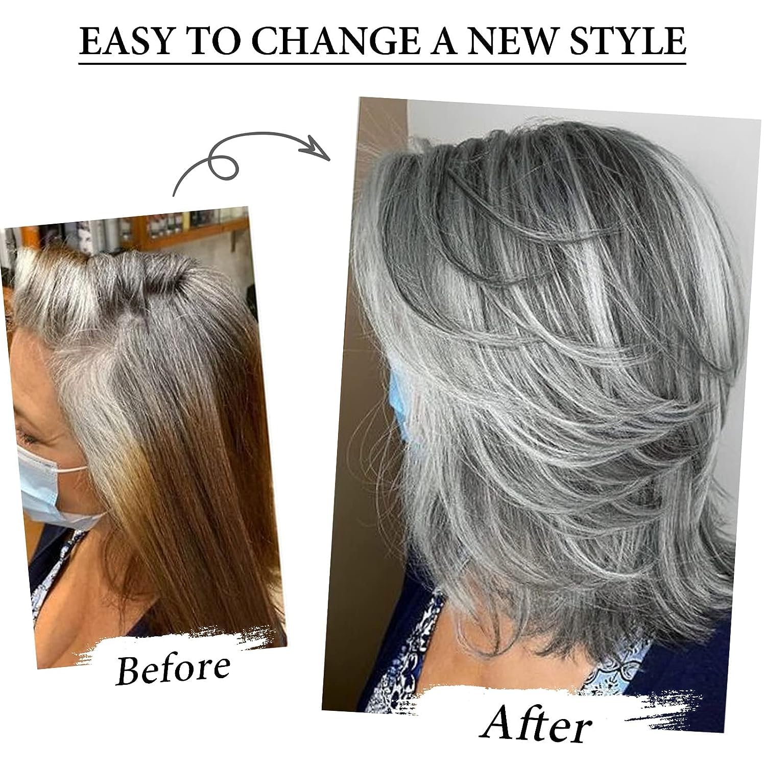 Aisaide Peluca corta gris plateado degradado con reflejos en capas con flequillo de cortina, pelucas grises para mujer, peluca gris sintético