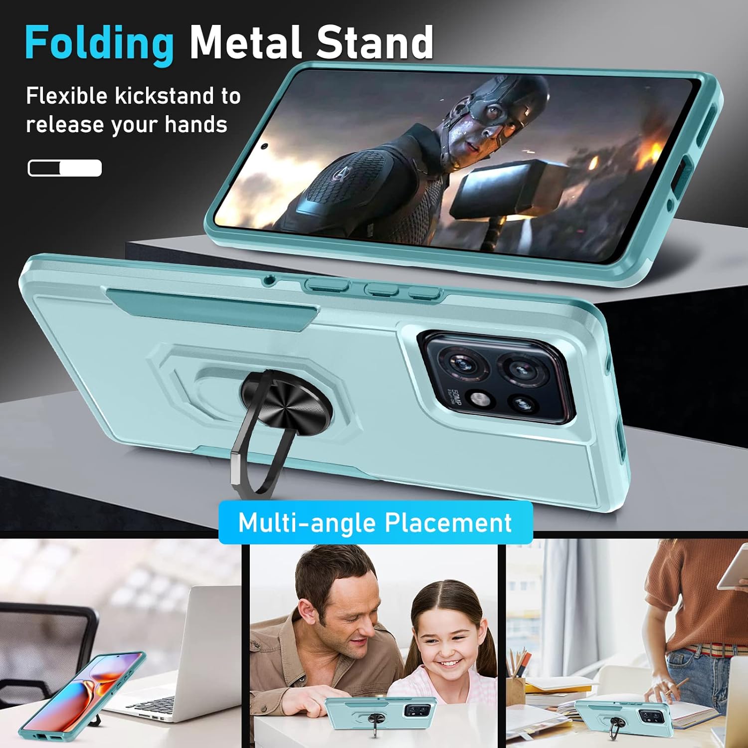 Janmitta Funda para Motorola Edge+ Plus (2023), resistente a prueba de golpes, soporte de anillo de metal giratorio integrado NO para Edge + 2022 o