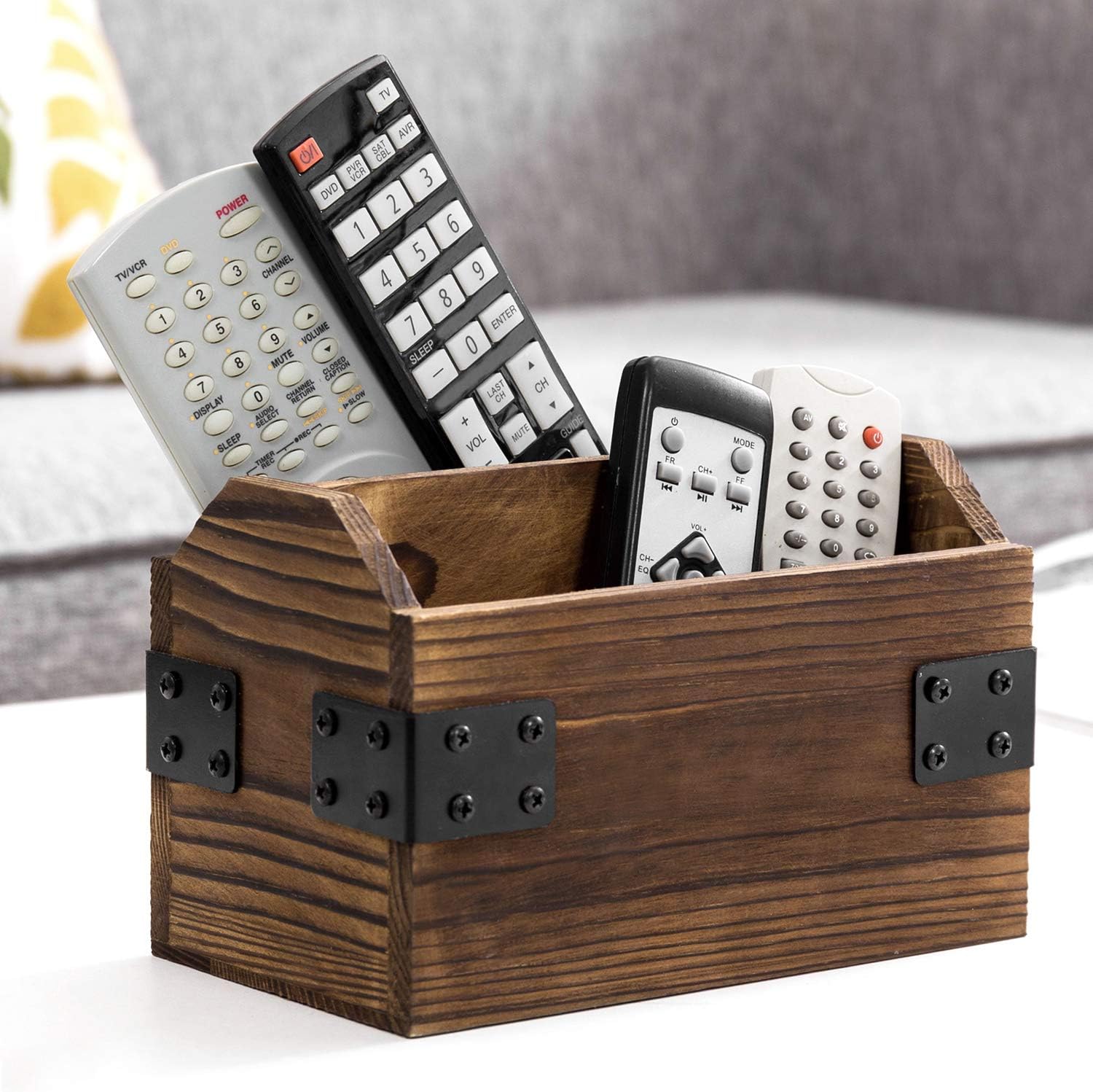 MyGift Organizador rústico de madera quemada para TV, organizador de almacenamiento para mesa con 2 compartimentos y detalles decorativos de metal