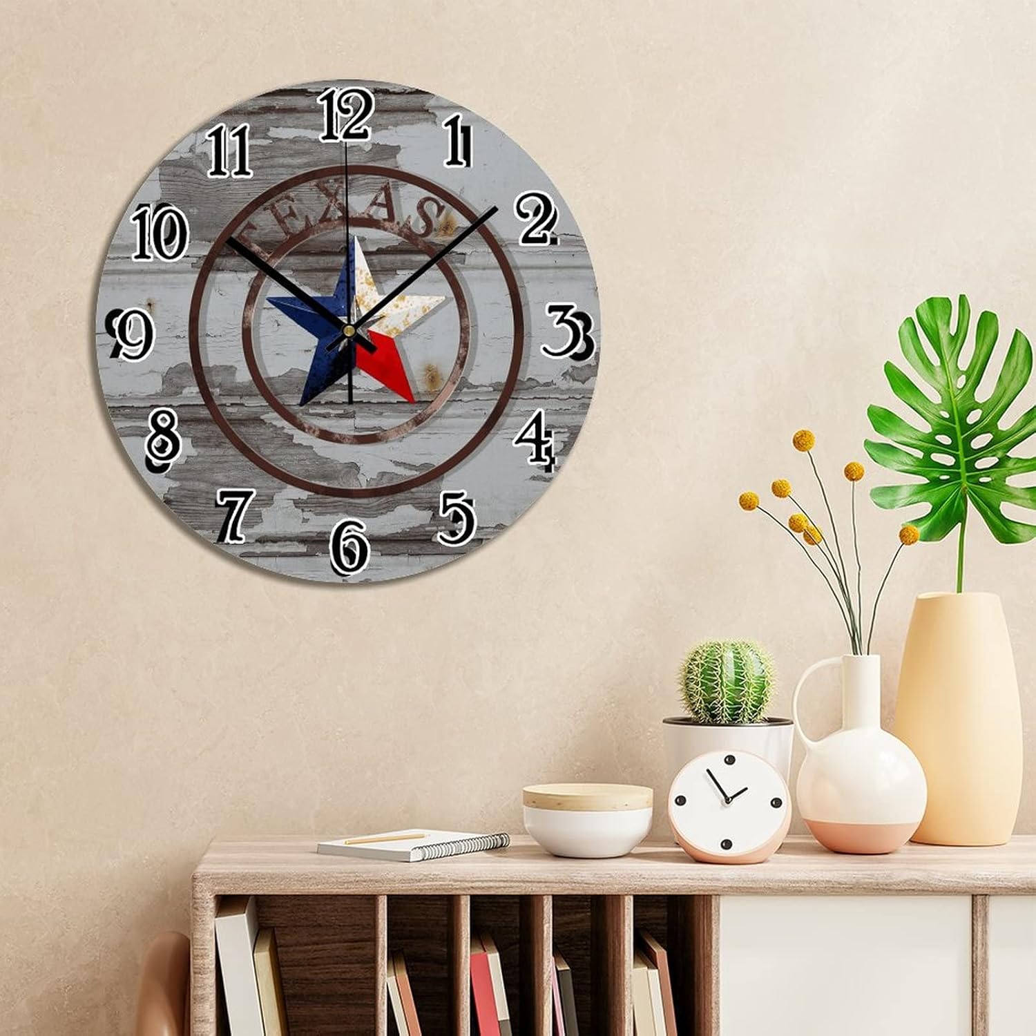 Reloj de pared con estrella de Texas occidental, reloj de pared decorativo estilo Shabby Chic Retro de 12 pulgadas, reloj redondo de cuarzo,
