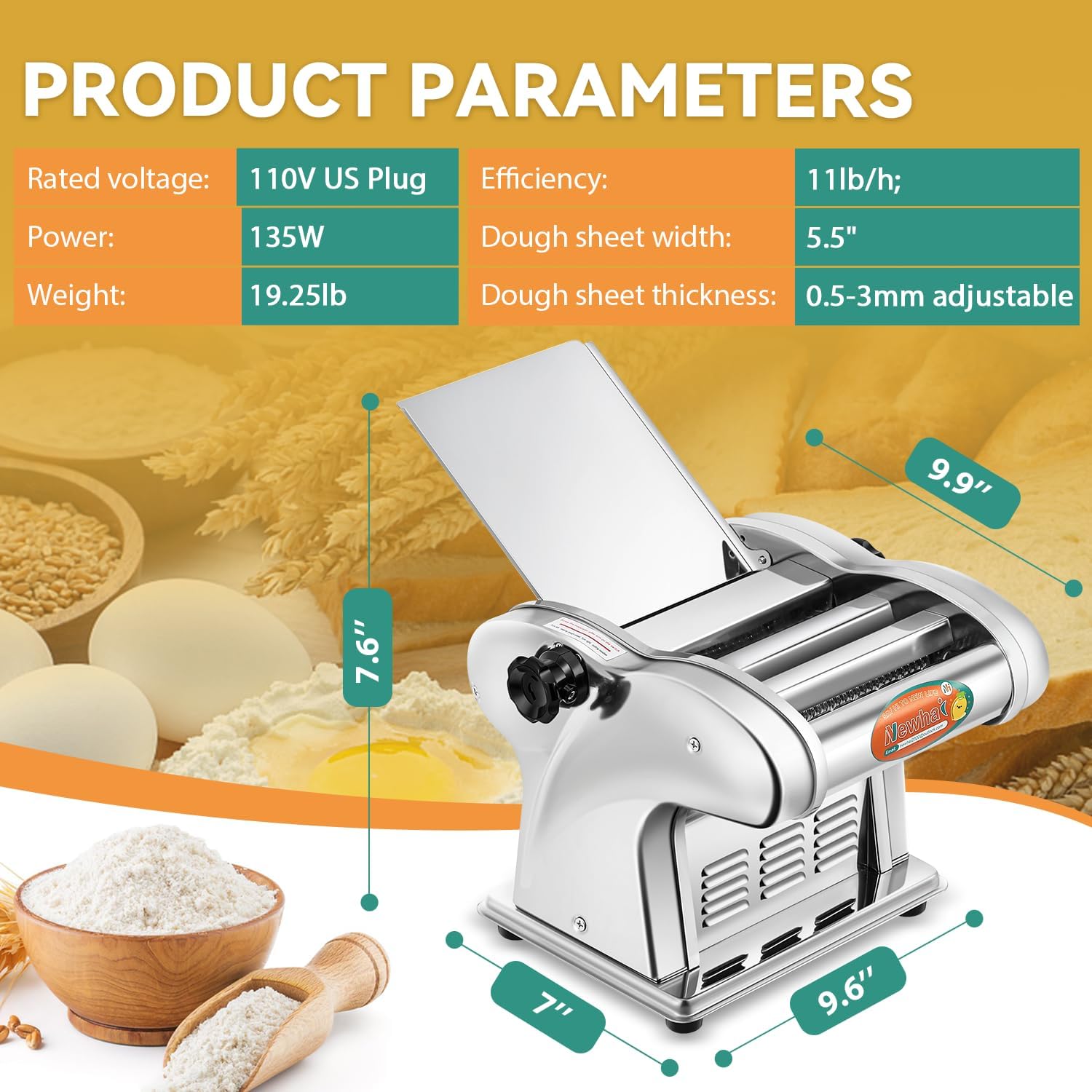 Newhai Máquina eléctrica para hacer pasta, máquina para fabricar fideos familiares, rodillo de masa de 0.098 in, espagueti, 0.157 in de ancho, 0.354
