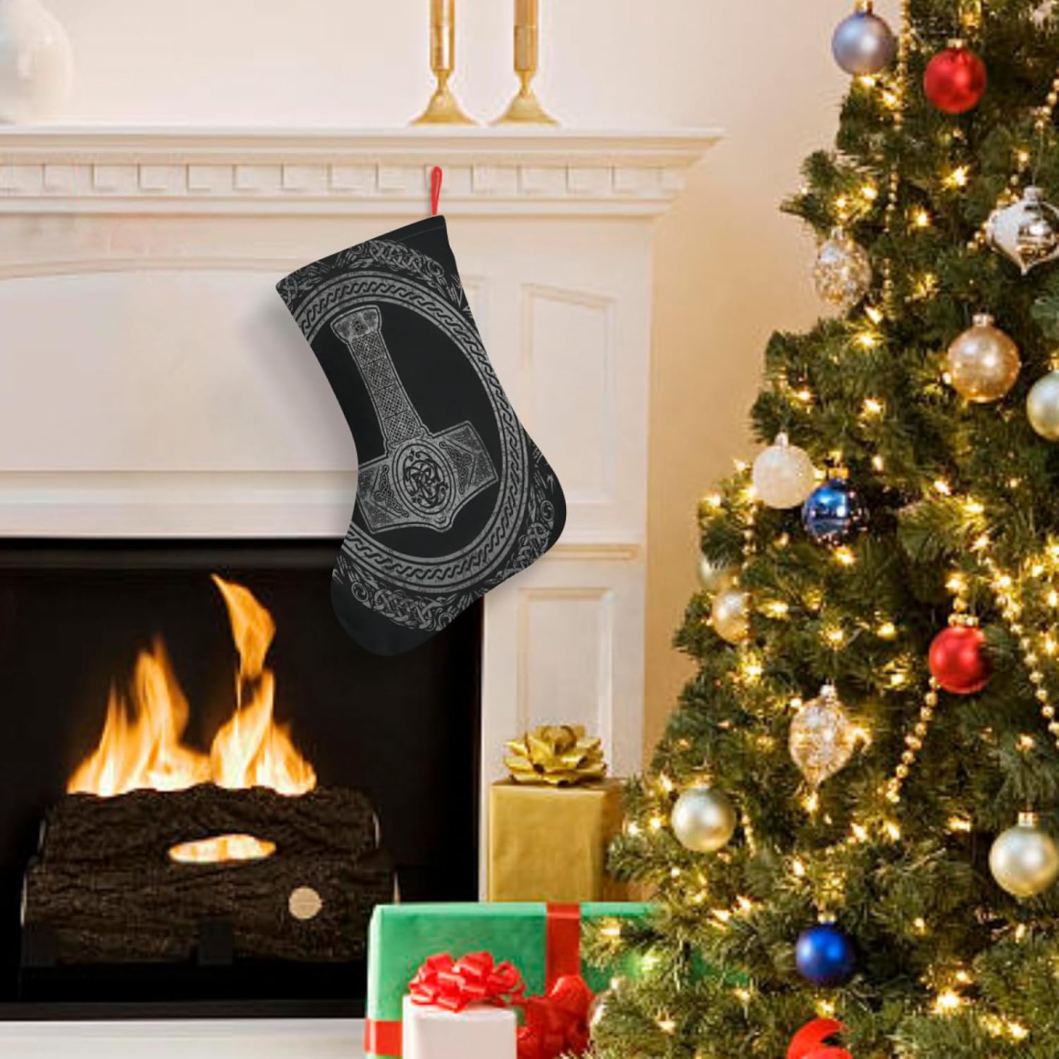 Medias de Navidad Martillo de Thor, Mjolnir Runas vikingas, mitología nórdica, árbol de Navidad, decoraciones colgantes (10 pulgadas).