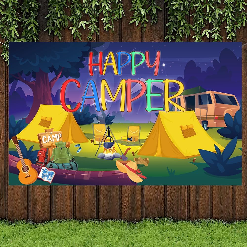 Cartel de fondo de Happy Camper con 70.8 x 43.3 pulgadas, tela de poliéster grande, letrero de telón de fondo para campamento, suministros de