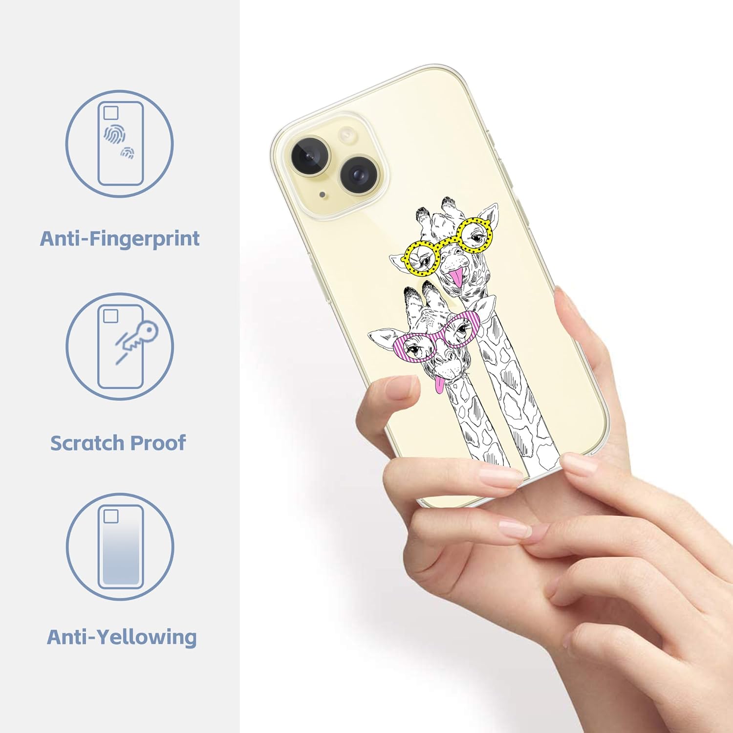 Funda transparente de jirafa con gafas diseñada para iPhone 15 Plus, TPU suave a prueba de golpes, funda protectora transparente para mujeres y