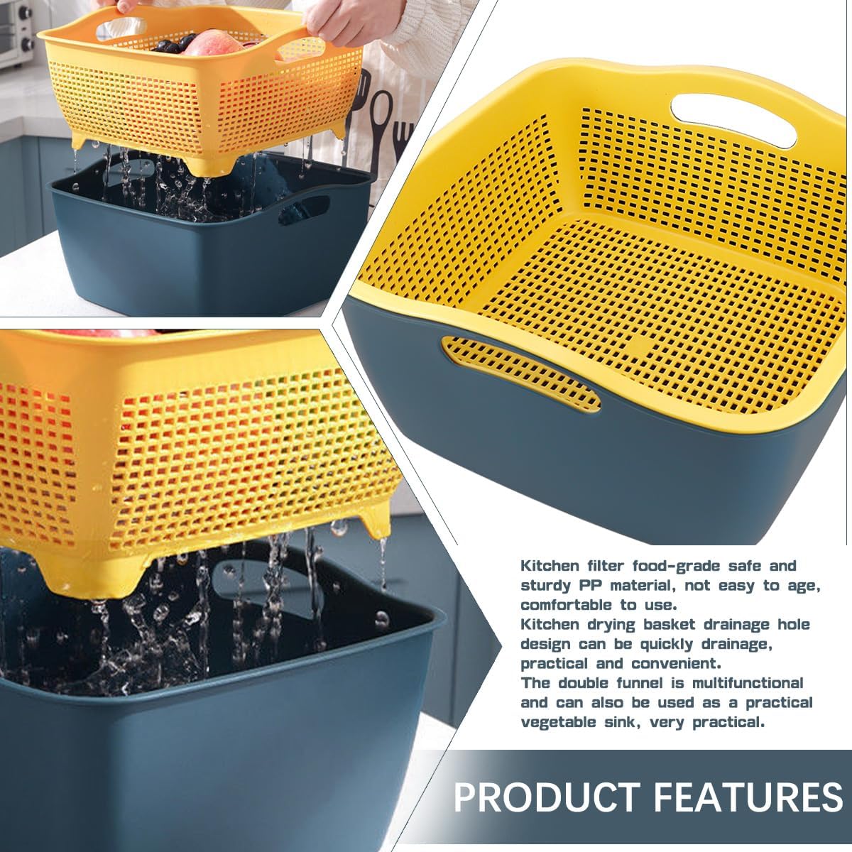 LNQ LUNIQI Cesta de drenaje de doble capa, cesta de plástico para lavar frutas, verduras, cesta de almacenamiento de alimentos, fregadero de