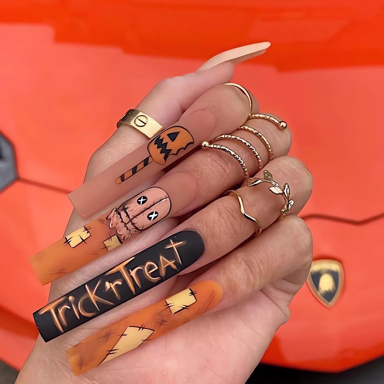 Uñas postizas a presión de Halloween, largas y cuadradas, uñas postizas acrílicas de Halloween con diseños, uñas adhesivas de Halloween de cobertura