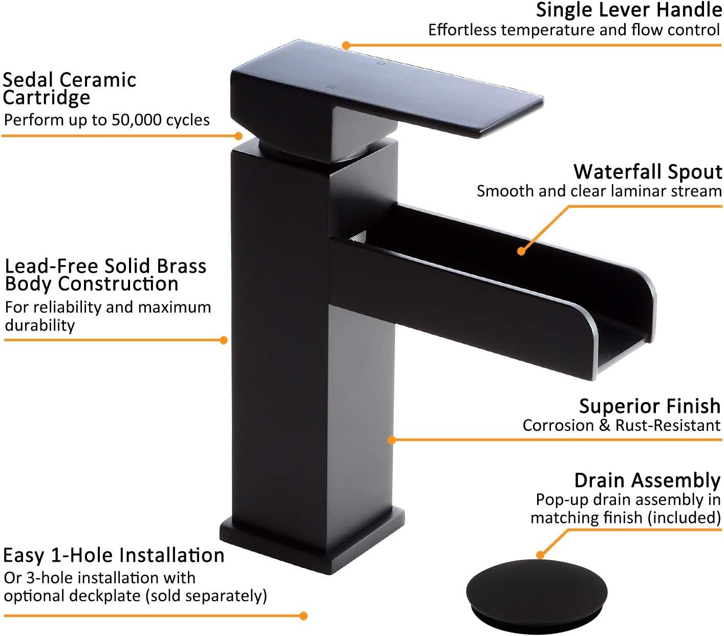 Homary Grifo de lavabo de baño de cascada negro mate contemporáneo de latón macizo con una sola manija, un agujero, montaje en cubierta, grifo de