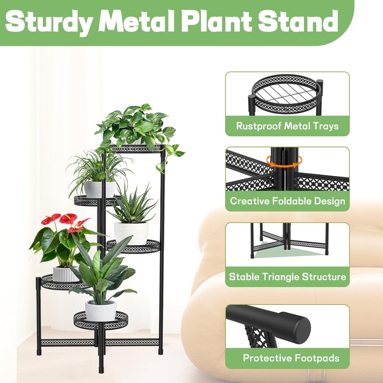 Soporte de metal para plantas de 5 niveles para interiores y exteriores, soporte plegable para plantas de múltiples niveles, estante para macetas de