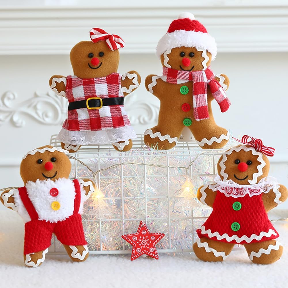 4 adornos de hombre de jengibre de 5.7 pulgadas de alto para árbol de Navidad, figuras surtidas de pan de jengibre rellenas, adornos para colgar en