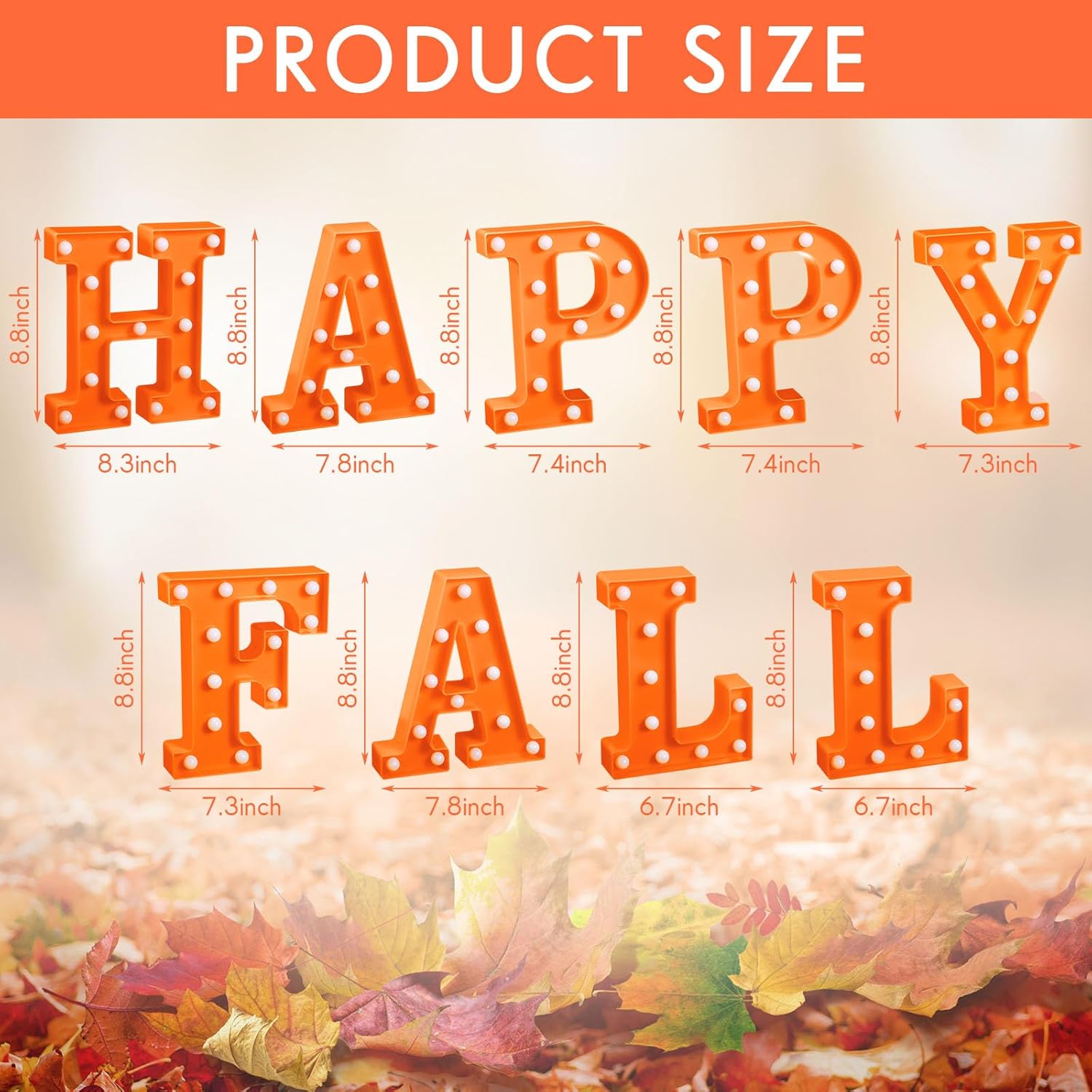 Fabbay 9 letras LED de marquesina con texto en inglés Happy Fall para decoración de otoño, letras iluminadas, letras LED de otoño, alfabeto para el