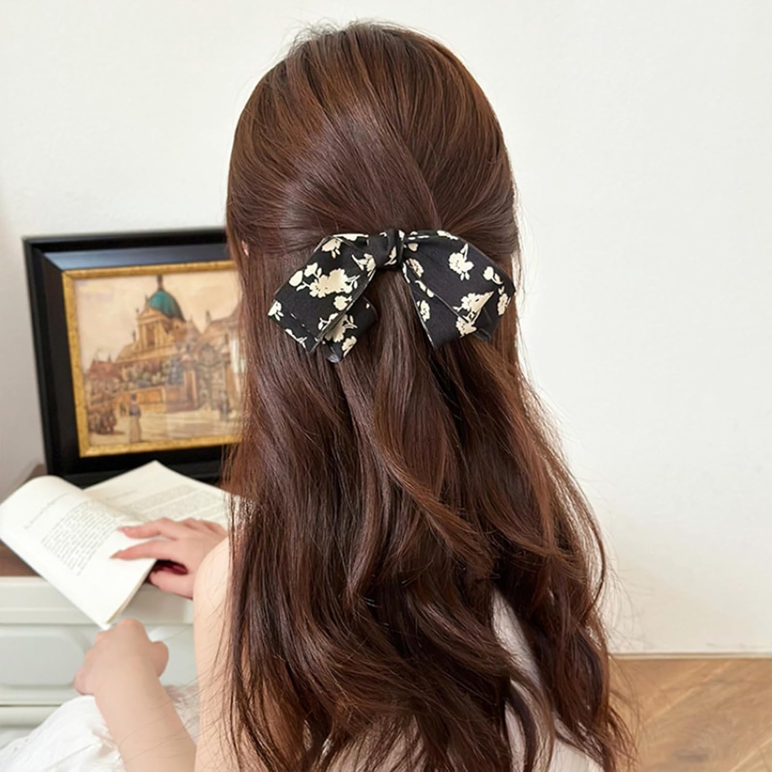 auwiyd 2 pinzas para el cabello con estampado de flores, lazo para la cola de cinta, horquilla floral para mujeres y niñas, accesorios para el