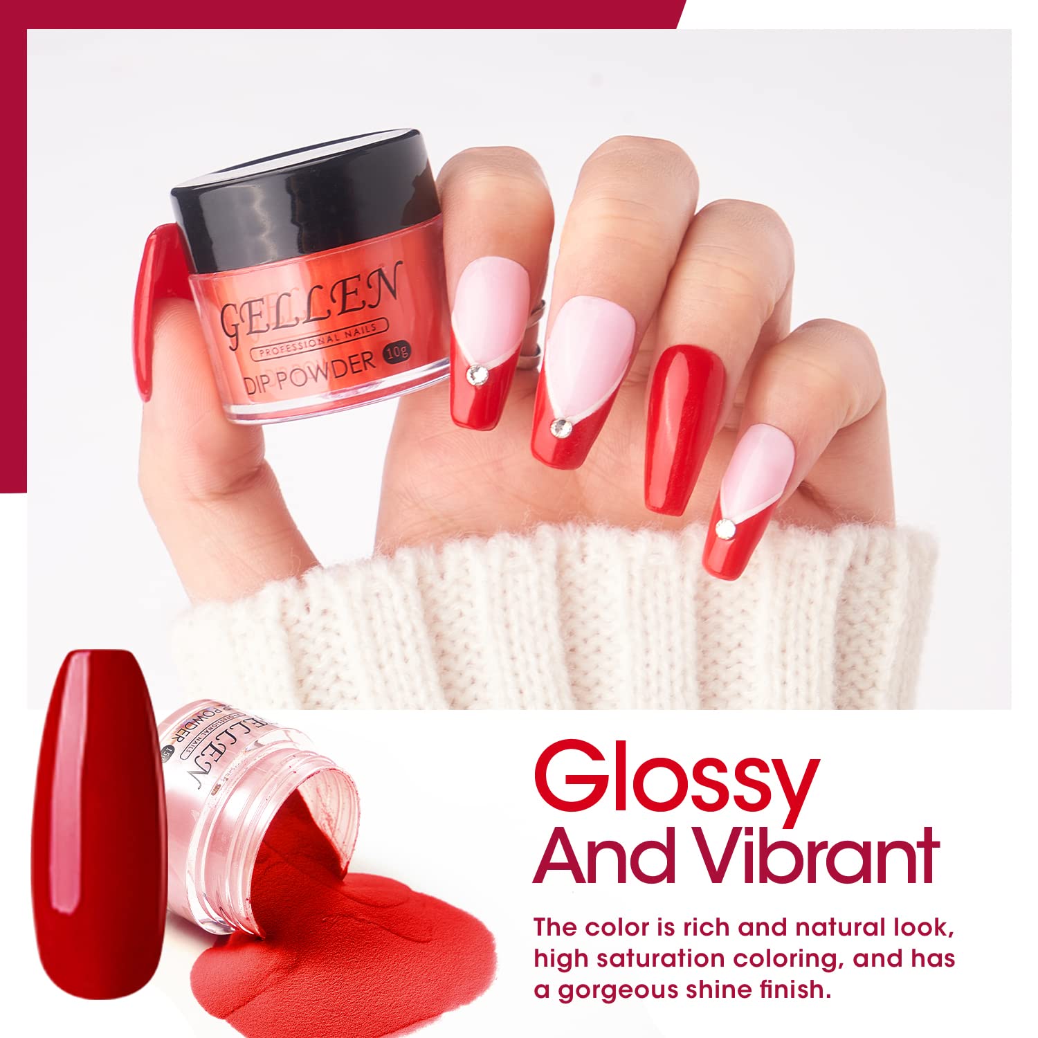 Gellen Kit de polvo de inmersión para uñas, 12 colores calienterosa claro, rojo, kit de iniciación de uñas de inmersión rosa, rosa, rosa, rojo,