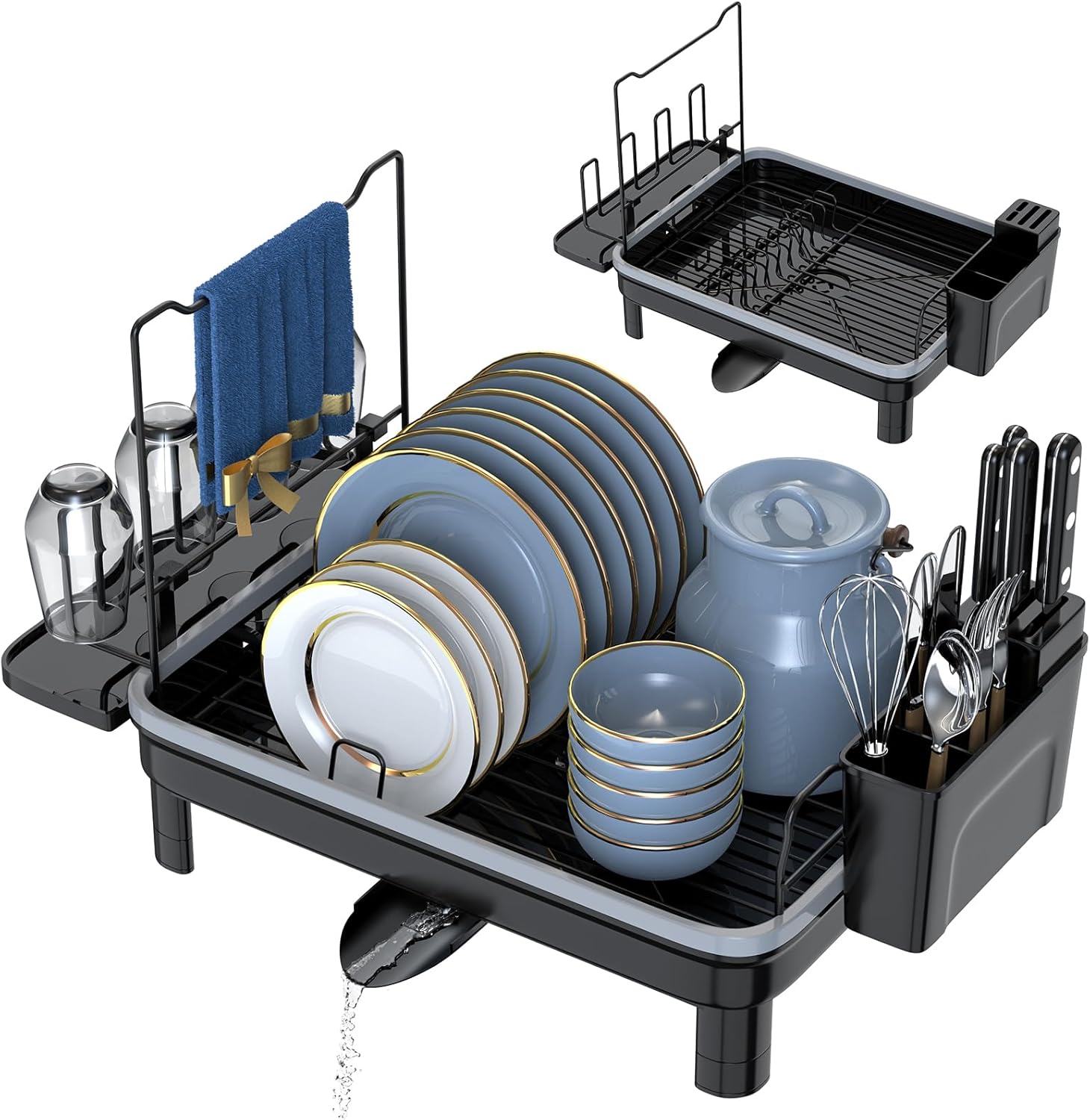 Escurridor de platos, escurridor de platos para encimera de cocina con escurridor, estante de metal duradero con soporte para cubiertos para platos,