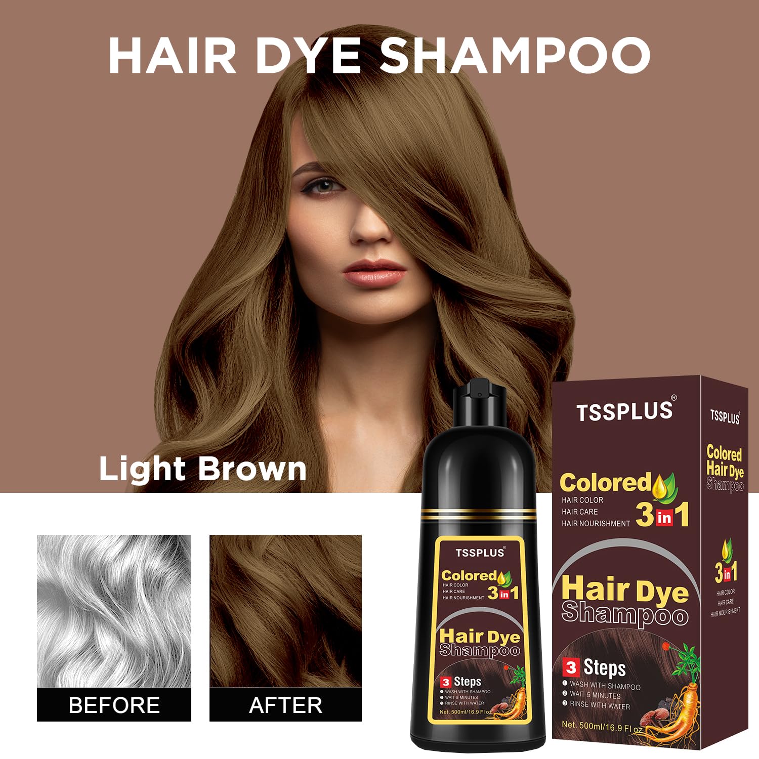 TSSPLUS Champú para colorear el cabello, 16.9 fl oz, tinte natural orgánico para el cabello, esencia vegetal, champú de tinte de color negro para