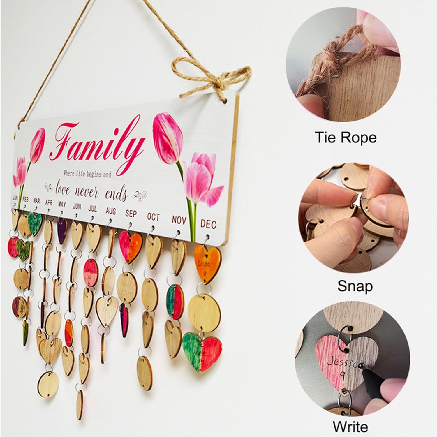 JARBEIYYE Calendario de cumpleaños familiar para colgar en la pared con 100 etiquetas (15.75 x 4.72 pulgadas), regalo perfecto de cumpleaños