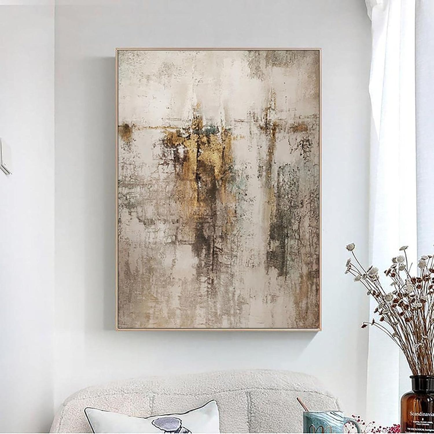 Pintura de arte abstracto grande beige dorado marrón para sala de estar, pintura gris beige, arte de pared escandinavo, decoración del hogar, 14 x