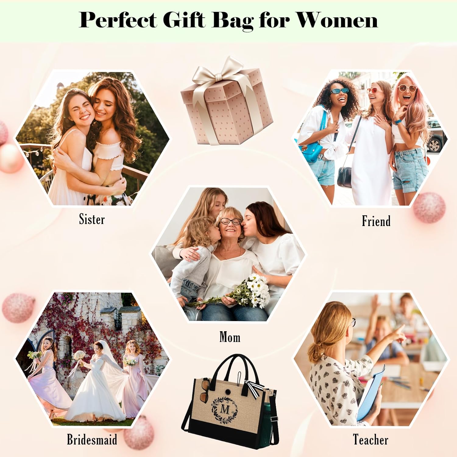 Regalos de cumpleaños para mujer  Bolsas de mano con inicial de yute y maquillaje con correa ajustable, bolsas de mano con monograma bordado