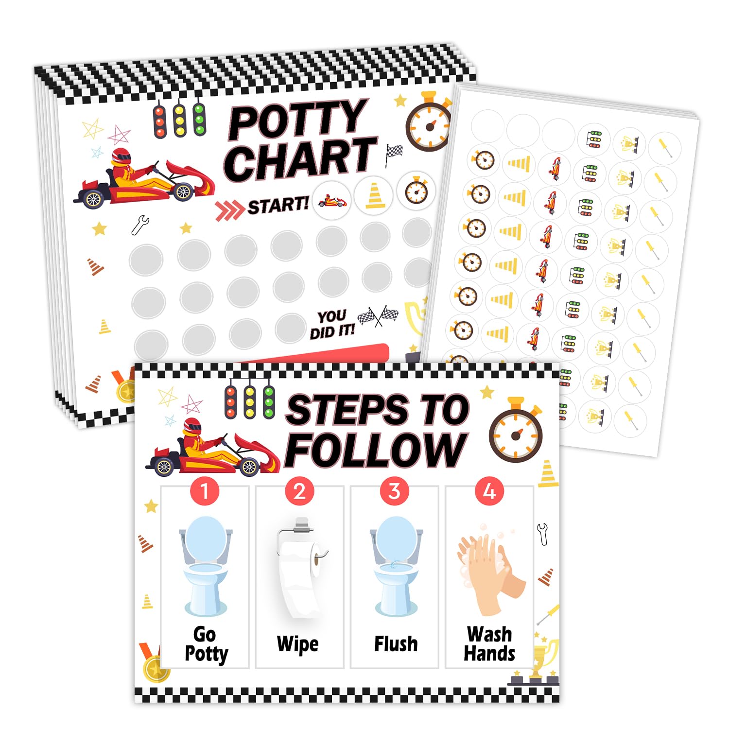 Tabla de entrenamiento para ir al baño con temática de autos de carreras para niños pequeños y niñas, paso a seguir, tabla de rutina de