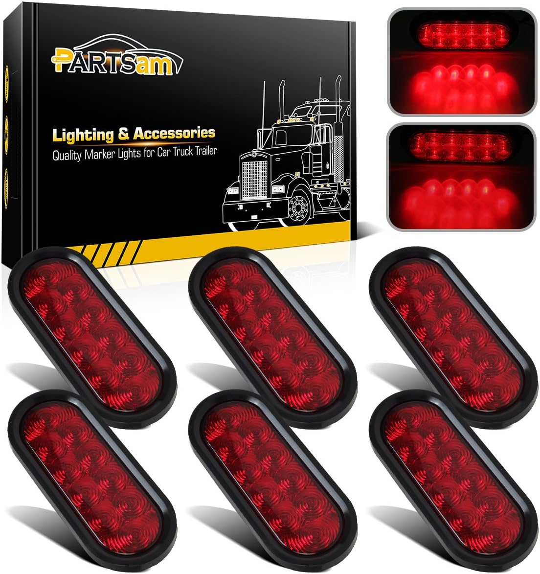 Partsam 6 luces de freno traseras ovaladas rojas de 10 diodos de 6 pulgadas con arandela + montaje empotrado, luces traseras de remolque ovaladas de
