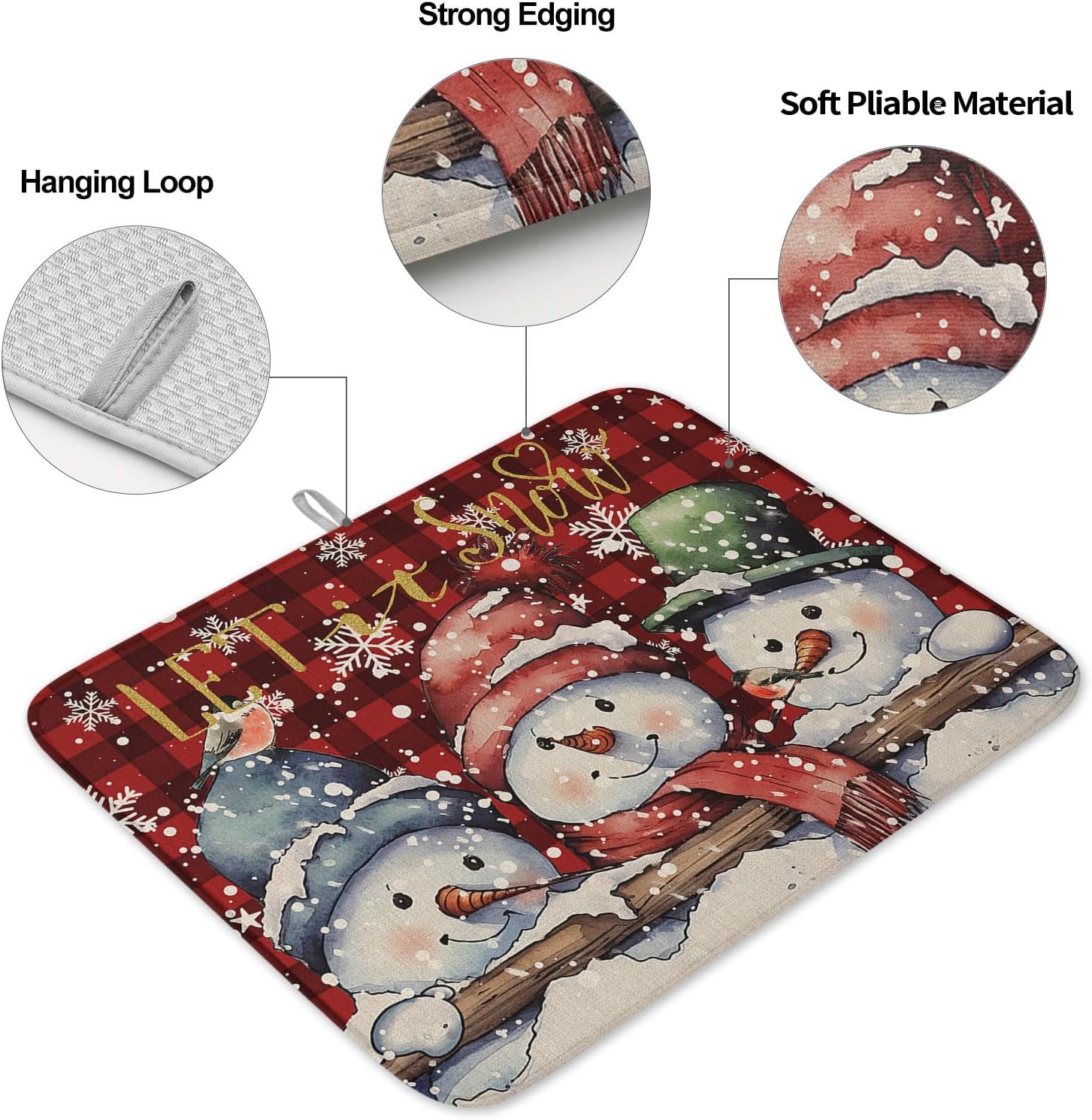 Tapete de secado de platos de muñeco de nieve de Navidad para encimera de cocina, tapete de secado de platos de copo de nieve de invierno de