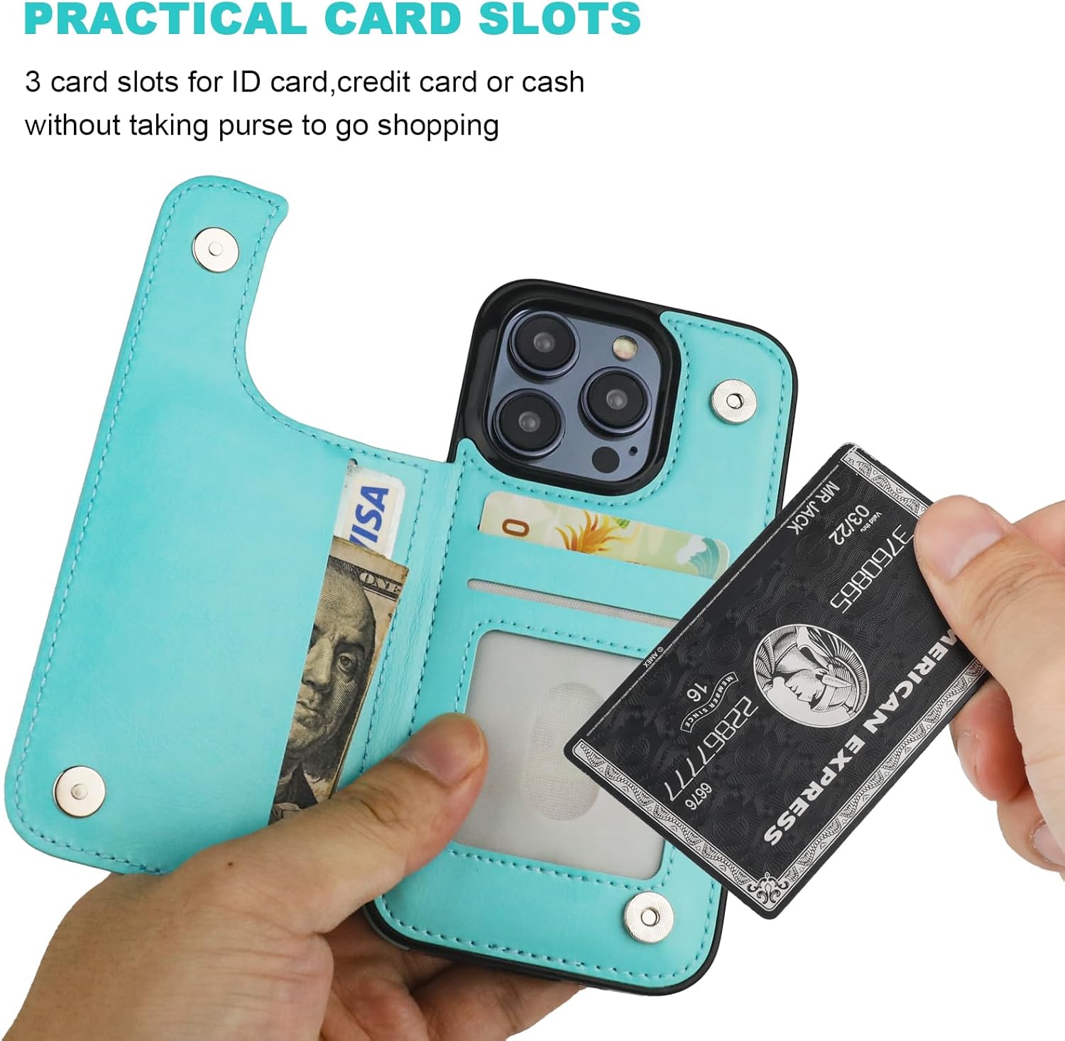 Funda tipo cartera compatible con iPhone 15 Pro con soporte para tarjetas, funda de piel sintética con ranuras para tarjetas, doble cierre magnético