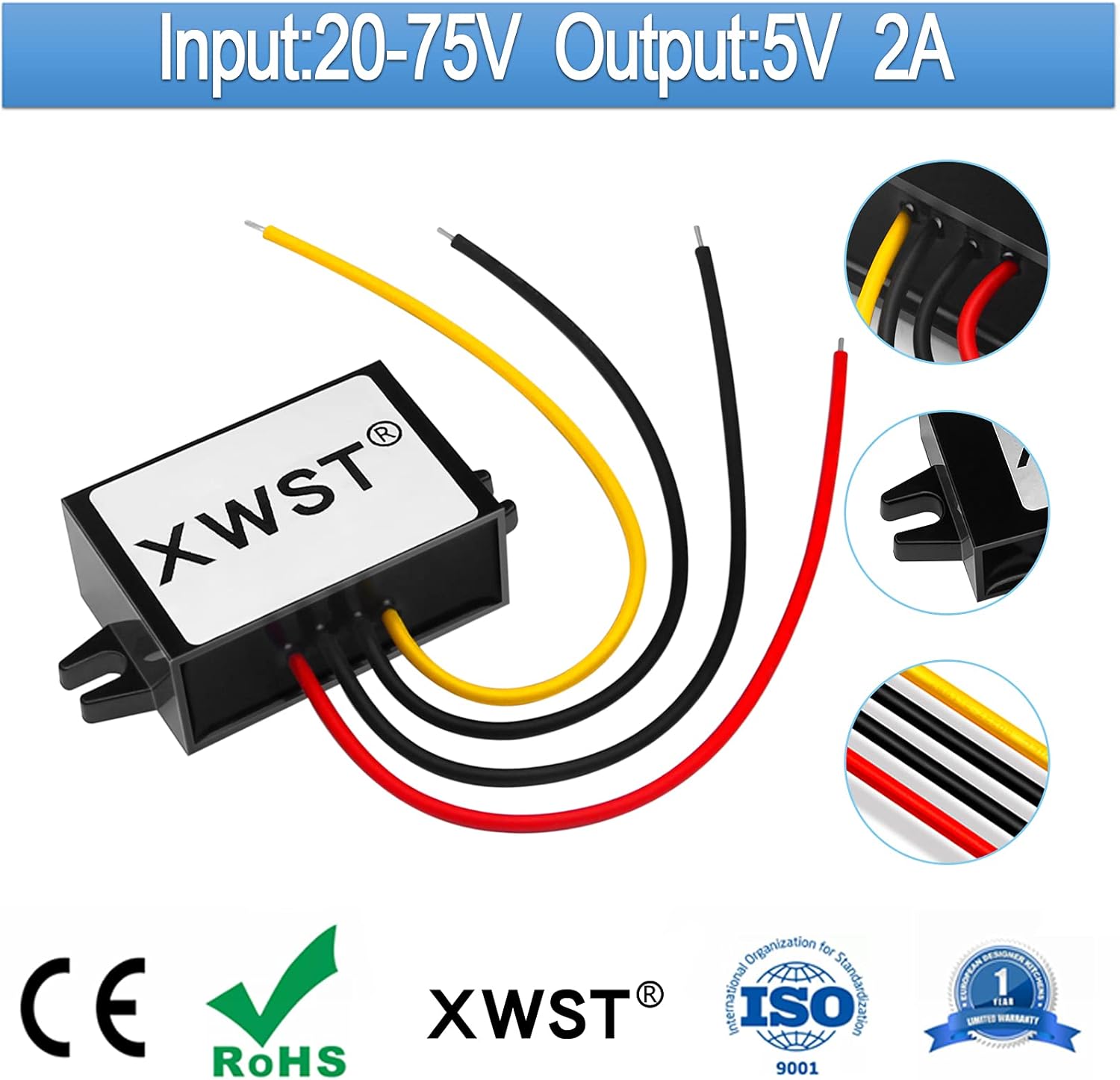 DC 24V 36V 48V 60V Paso abajo a 5V 2A 10W Convertidor Reductor de voltaje, 5Volts Regulador Impermeable DCDC Buck Transformer Fuente de Alimentación