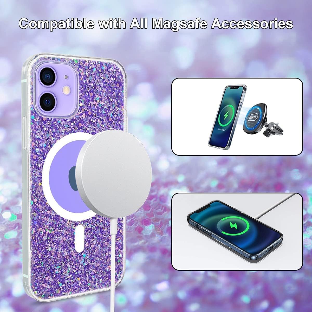 ESTPEAK Funda magnética brillante para iPhone 12 Pro compatible con MagSafe bonito diseño de purpurina brillante estética delgada a prueba de golpes