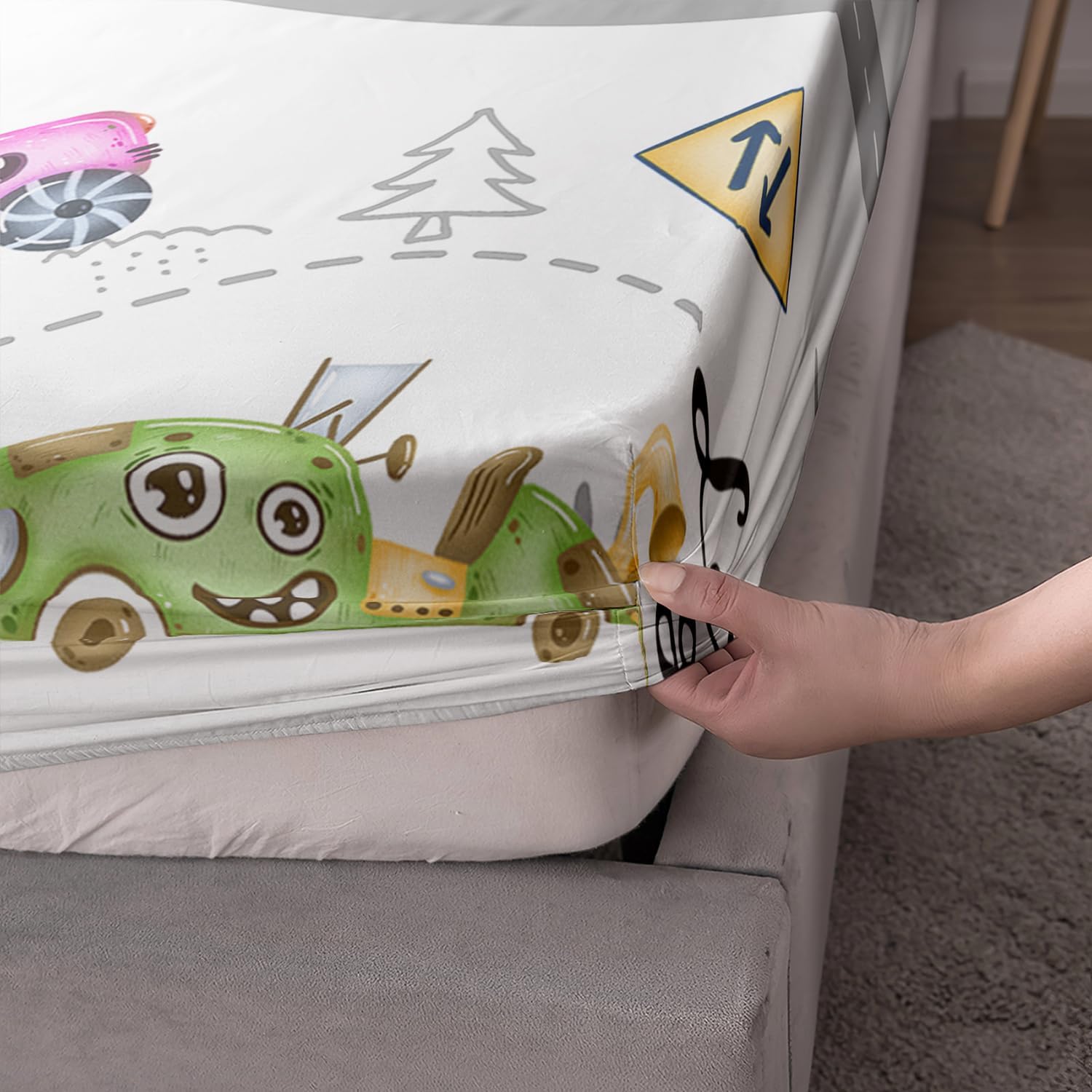 AILONEN Sábana bajera ajustable con diseño de caricaturas para niños y adolescentes, tamaño individual, con estampado de tractor de dibujos animados