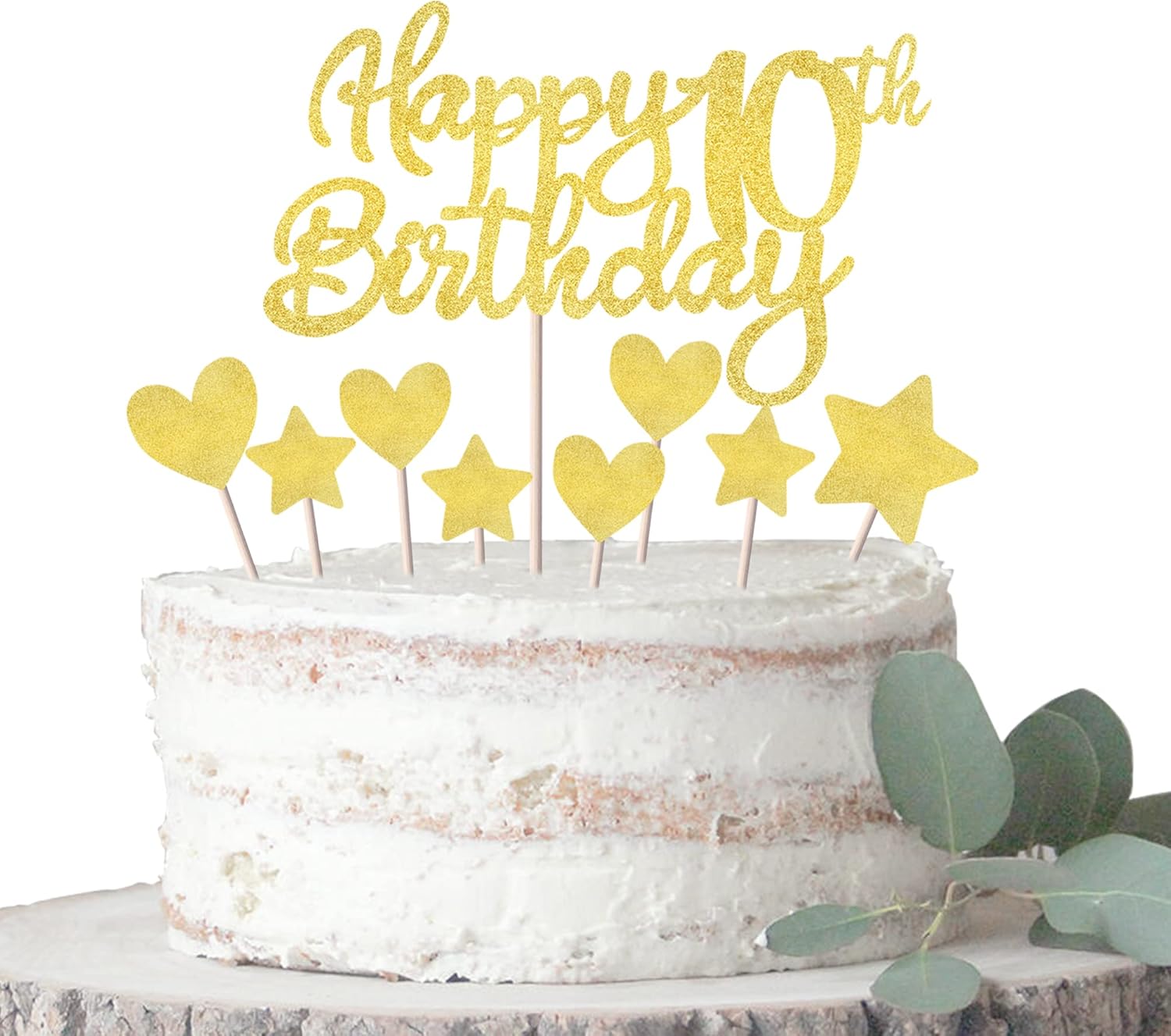 Paquete de 9 decoraciones para tartas de cumpleaños número 10 con purpurina de corazón y estrella para cupcakes, saludos a los 10 años de edad,